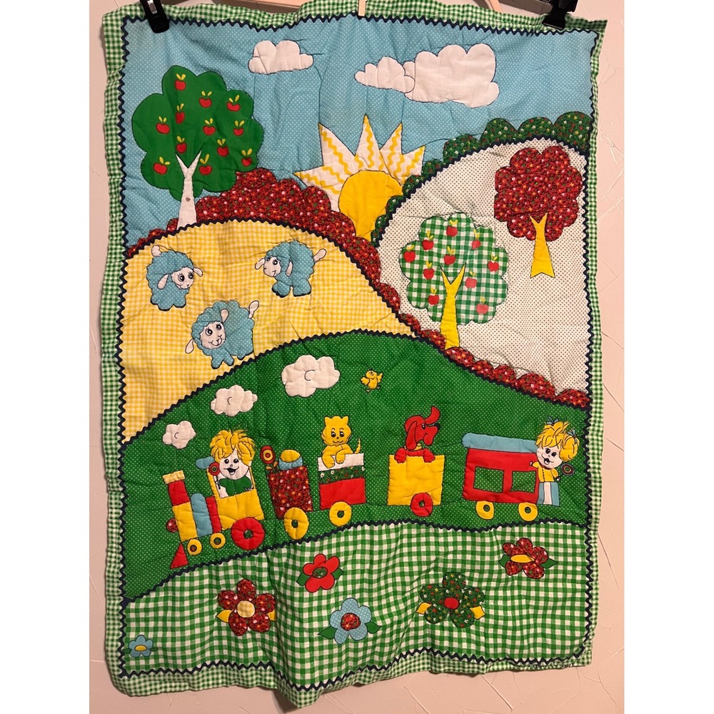 Handmade Vintage Baby Quilt 30x39 Multicolor Good Scenic Train Sheep Gingham